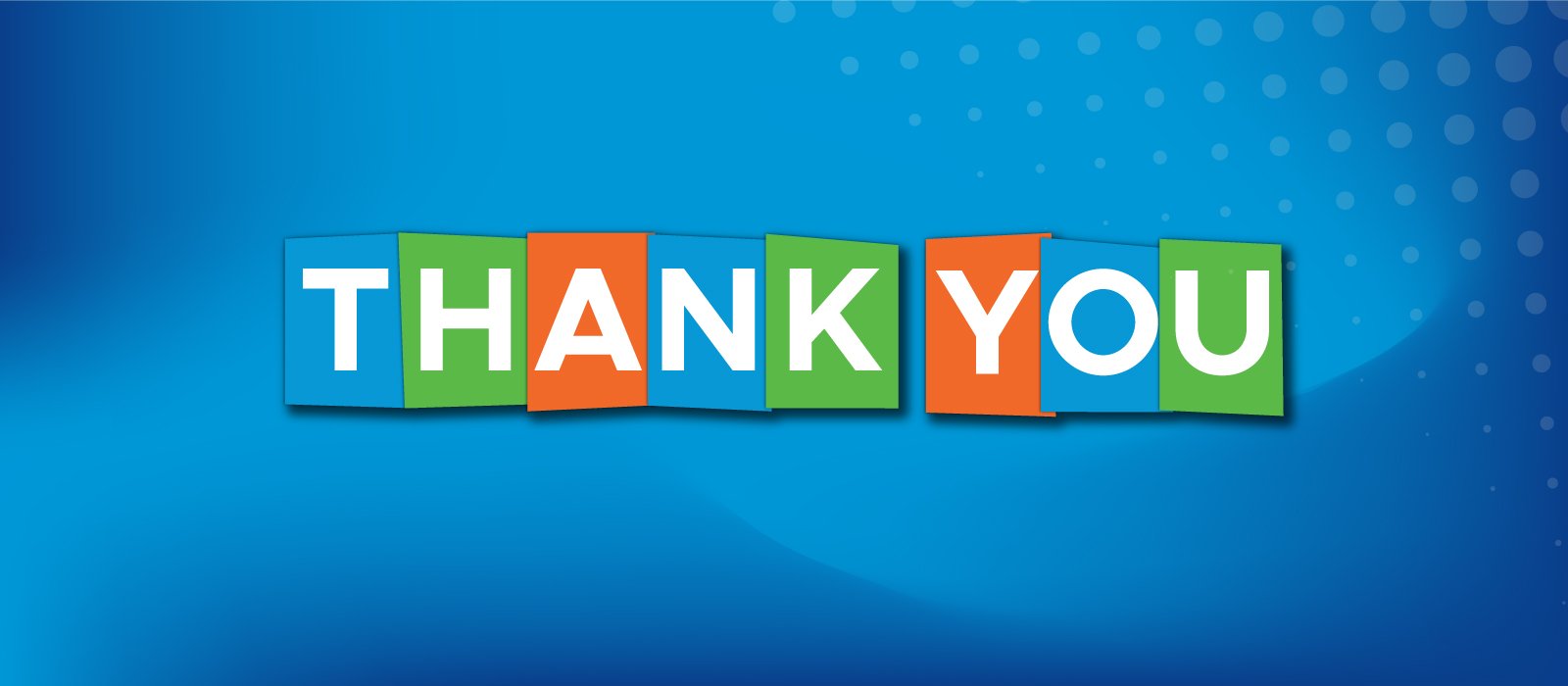 Blue background with Thank You in block coloured lettering